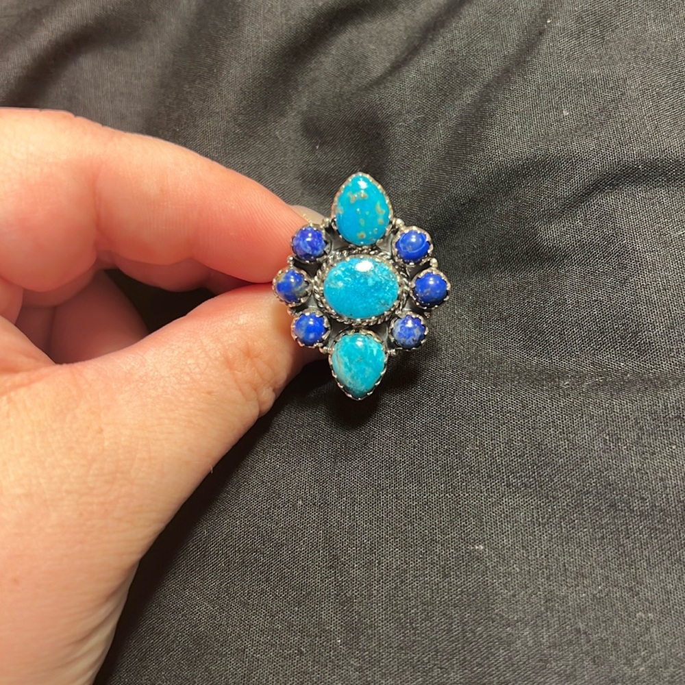 Blue Lapis Cluster Adjustable Ring, stamped sterling silver